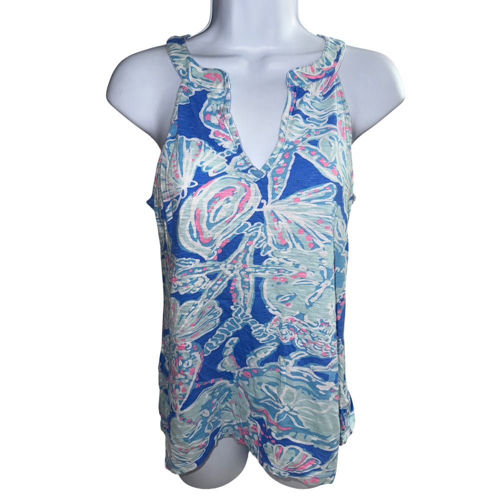 Lilly Pulitzer Blue Pink Shells Nautical Tank Top Small Palm Beach Luxury Preppy